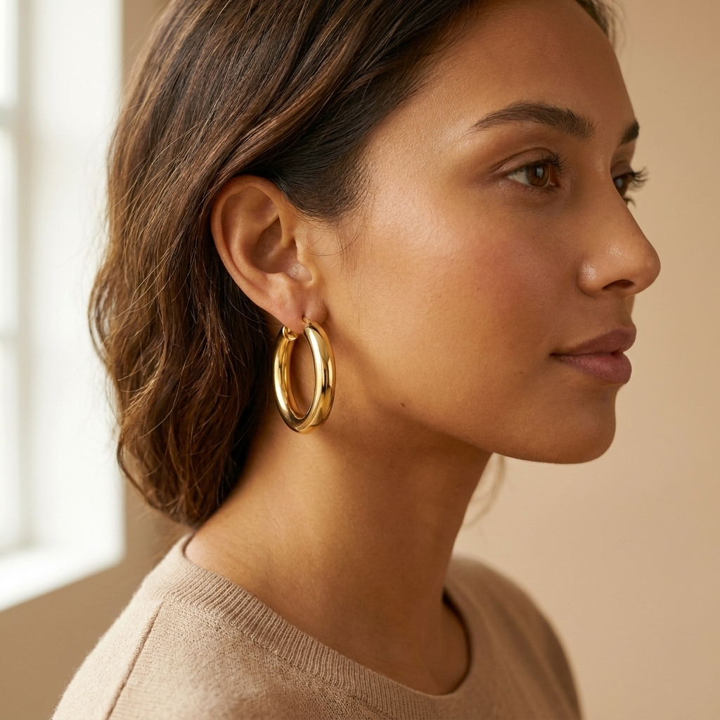 Side profile of a woman wearing 30mm chunky gold hoop earrings — waterproof gold hoops