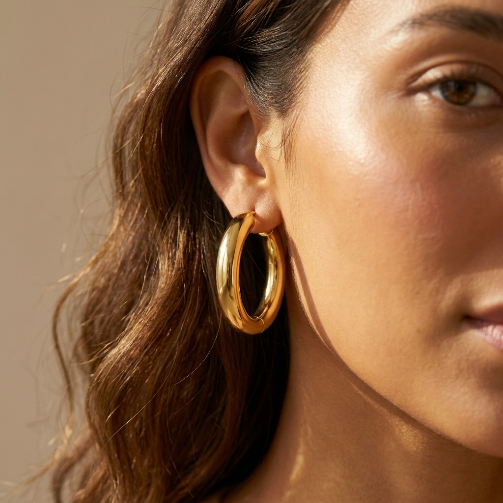 Chunky gold hoop earrings worn close-up — waterproof 18k gold-plated hoops by Pippa & Co