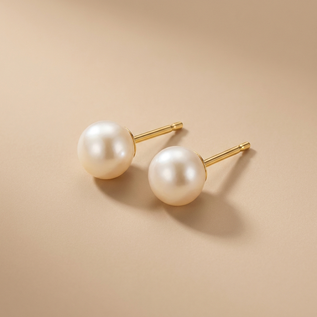 Pearl stud earrings on a neutral background — waterproof tarnish-free