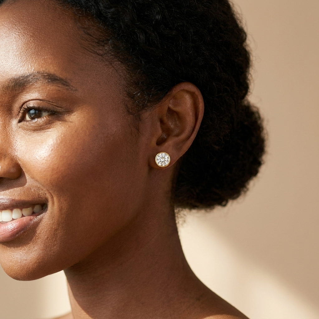 Side profile of gold CZ stud earrings worn