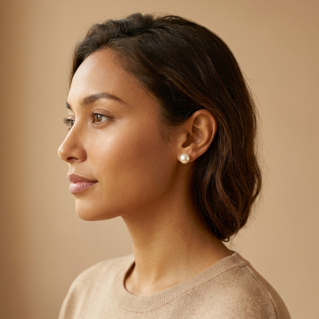 Side profile of pearl stud earrings worn