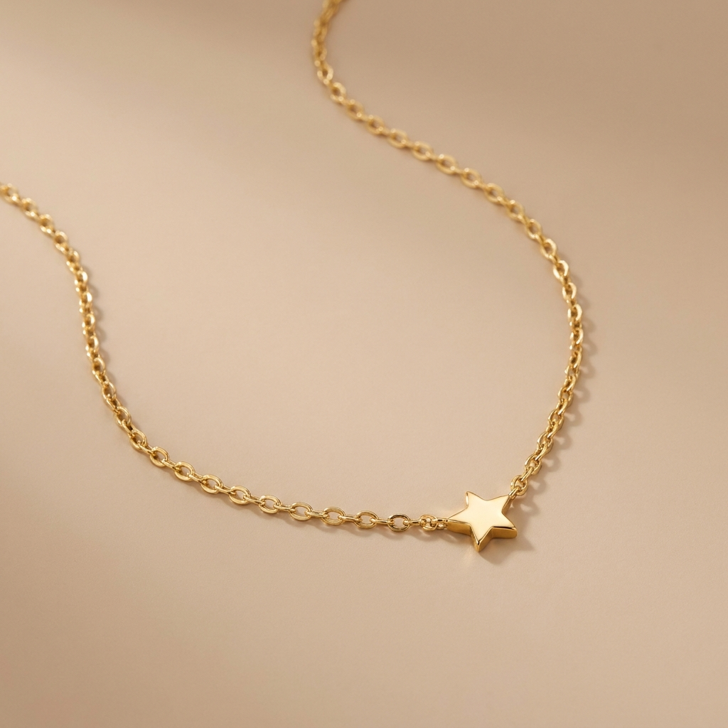 Gold star pendant necklace on a neutral background — waterproof tarnish-free
