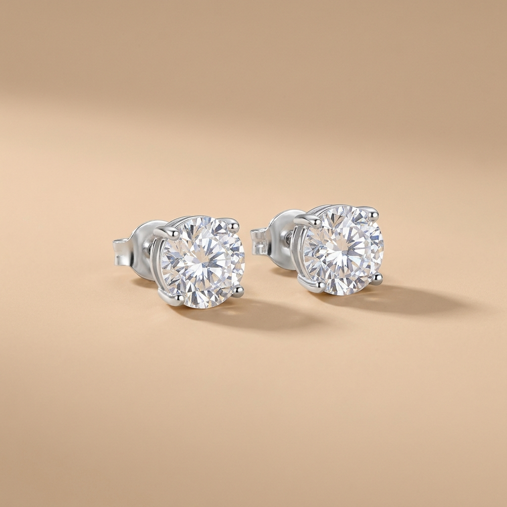 Silver CZ stud earrings on a neutral background — waterproof tarnish-free