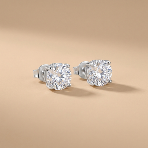 Silver CZ stud earrings on a neutral background — waterproof tarnish-free