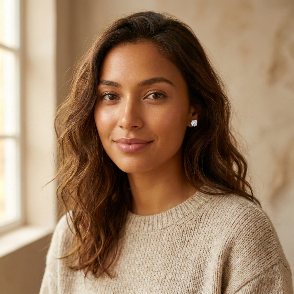 Woman wearing silver CZ stud earrings — everyday waterproof studs