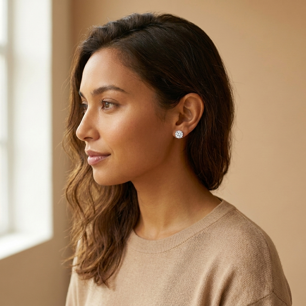 Side profile of silver CZ stud earrings worn