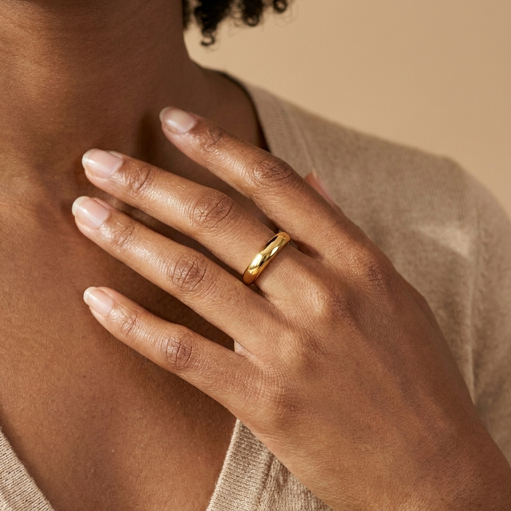Woman wearing a gold adjustable open ring — everyday waterproof ring