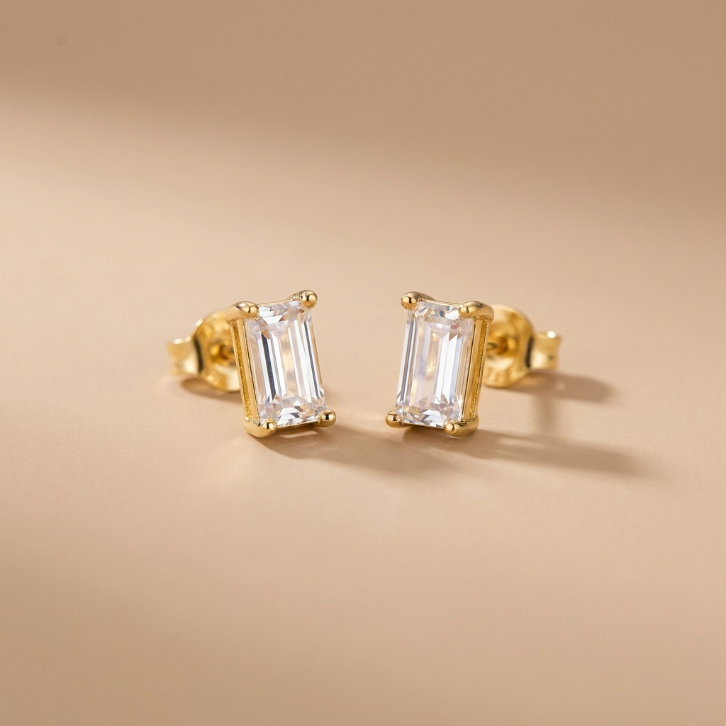 Gold Baguette CZ Stud Earrings