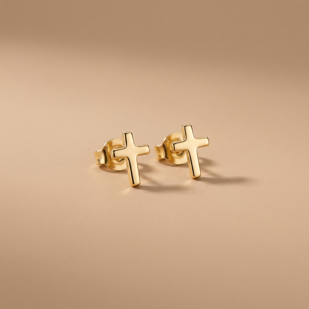 Gold cross stud earrings on a neutral background — waterproof tarnish-free