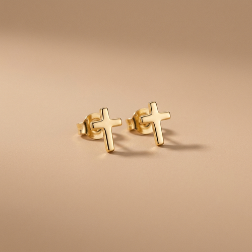 Gold cross stud earrings on a neutral background — waterproof tarnish-free