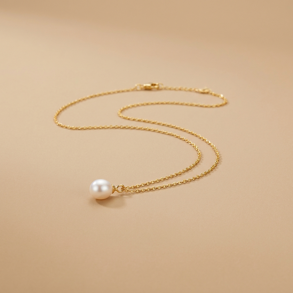 Gold pearl pendant necklace on a neutral background — waterproof tarnish-free