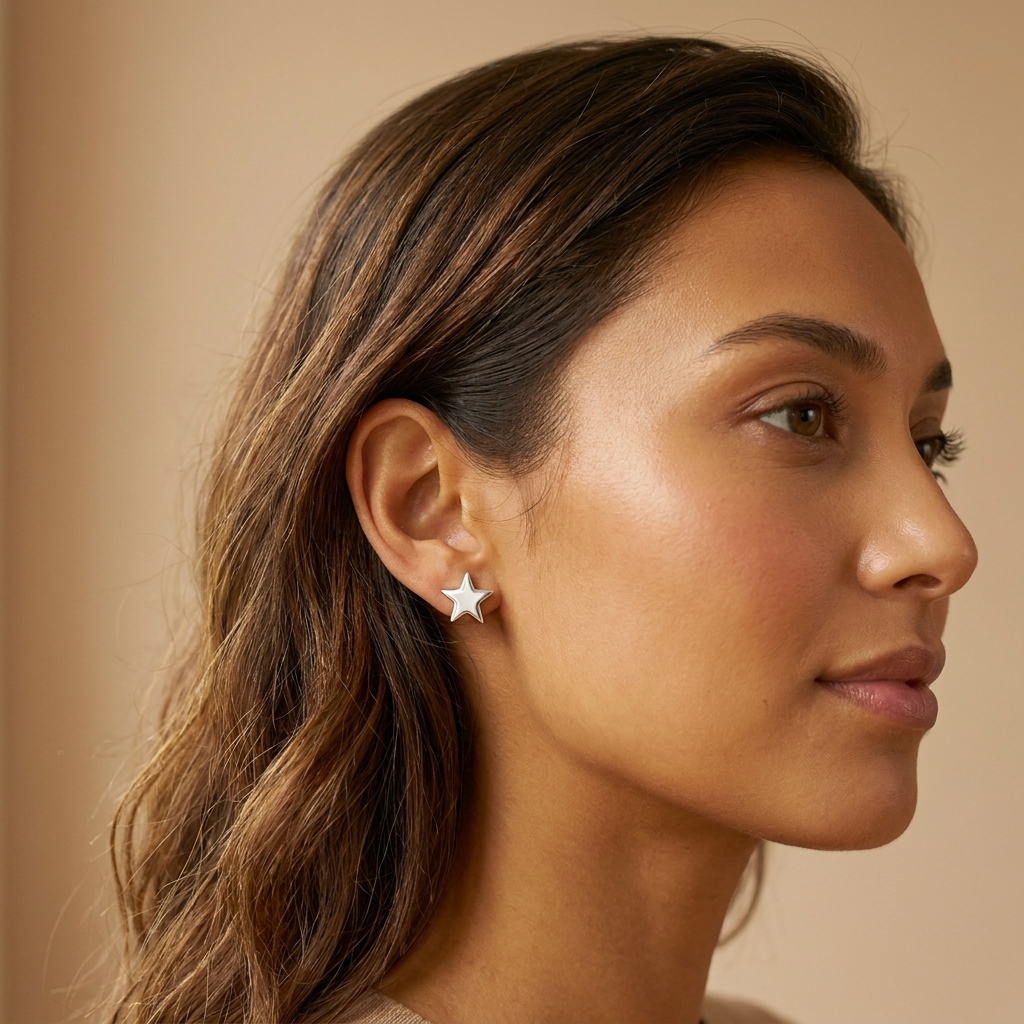 Side profile of silver star stud earrings worn