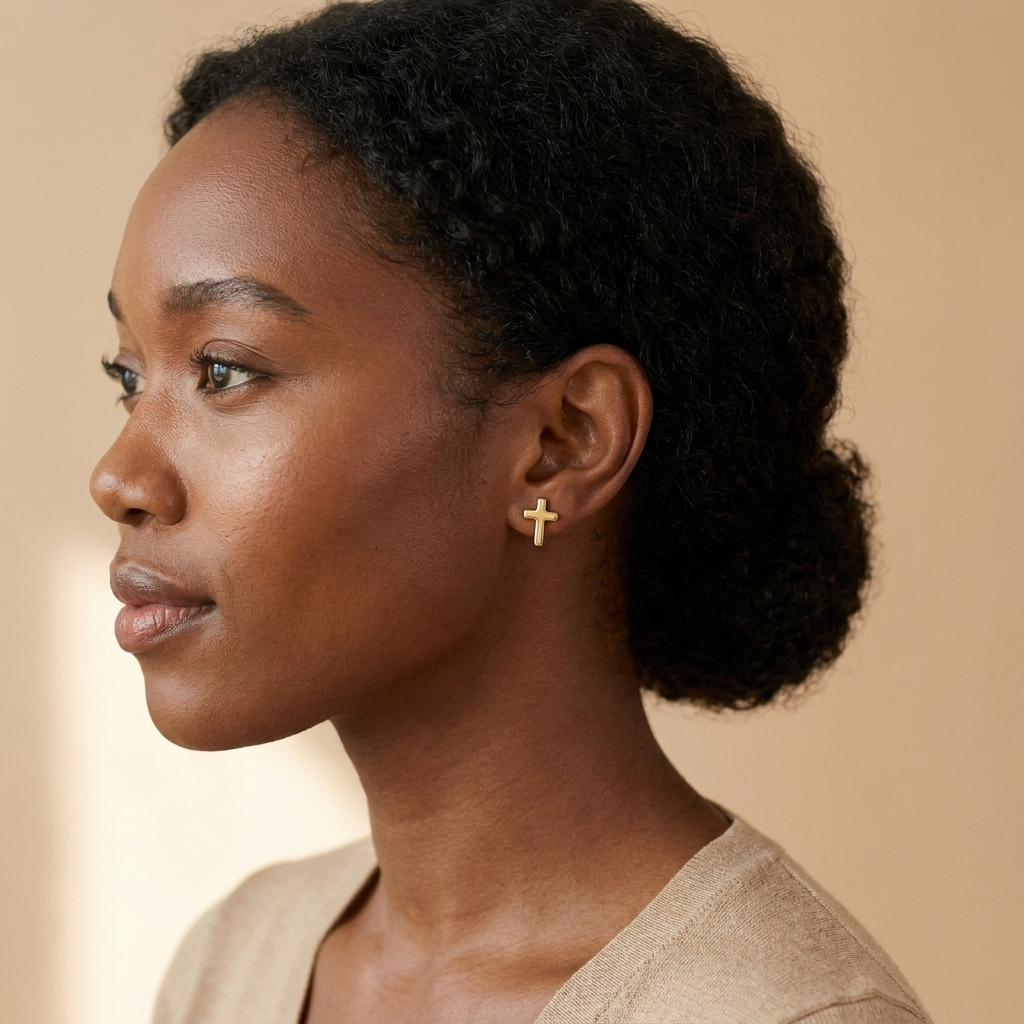 Side profile of gold cross stud earrings worn