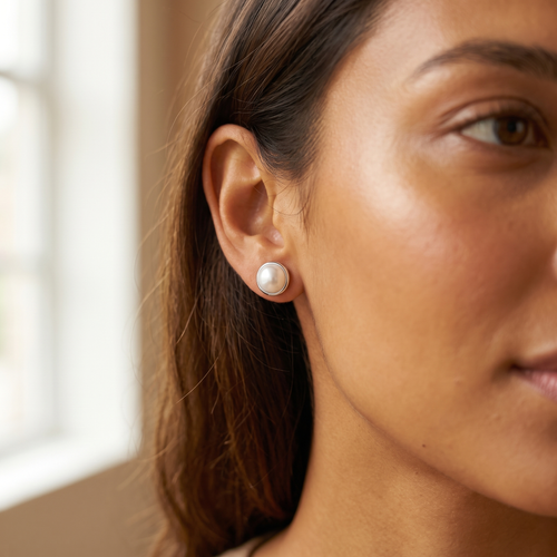 Silver Pearl Stud Earrings worn close-up