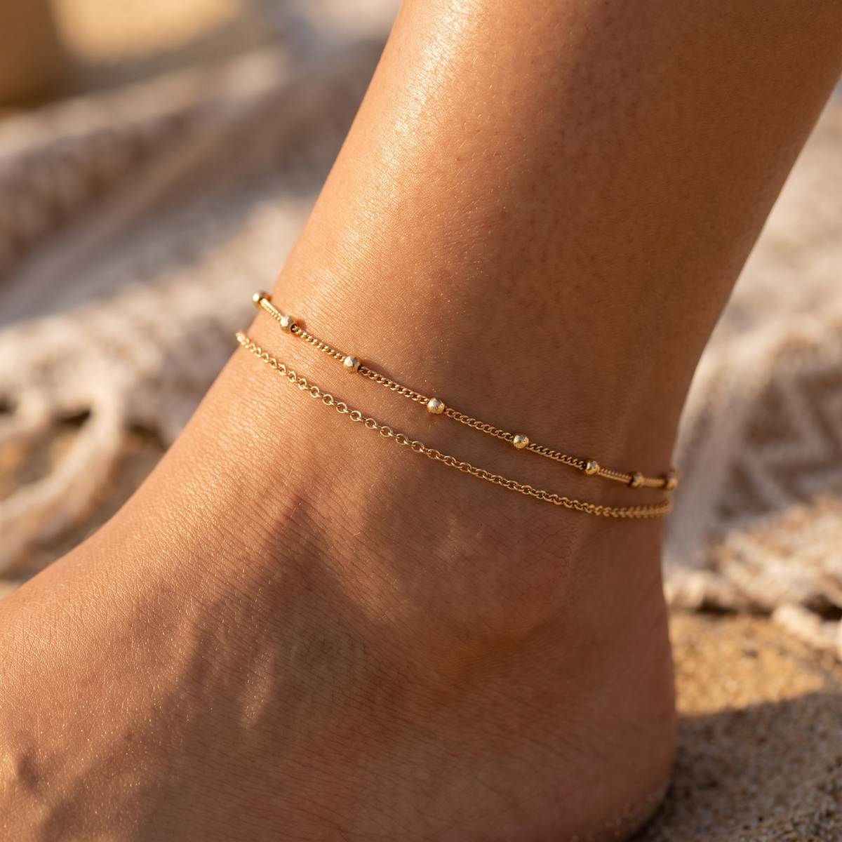 Gold Beaded Anklet Set