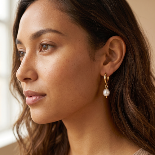 Gold Pearl Drop Huggie Hoops worn close-up