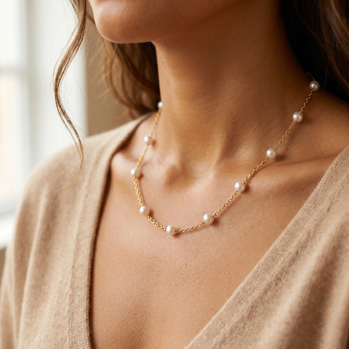 Gold Pearl Station Necklace