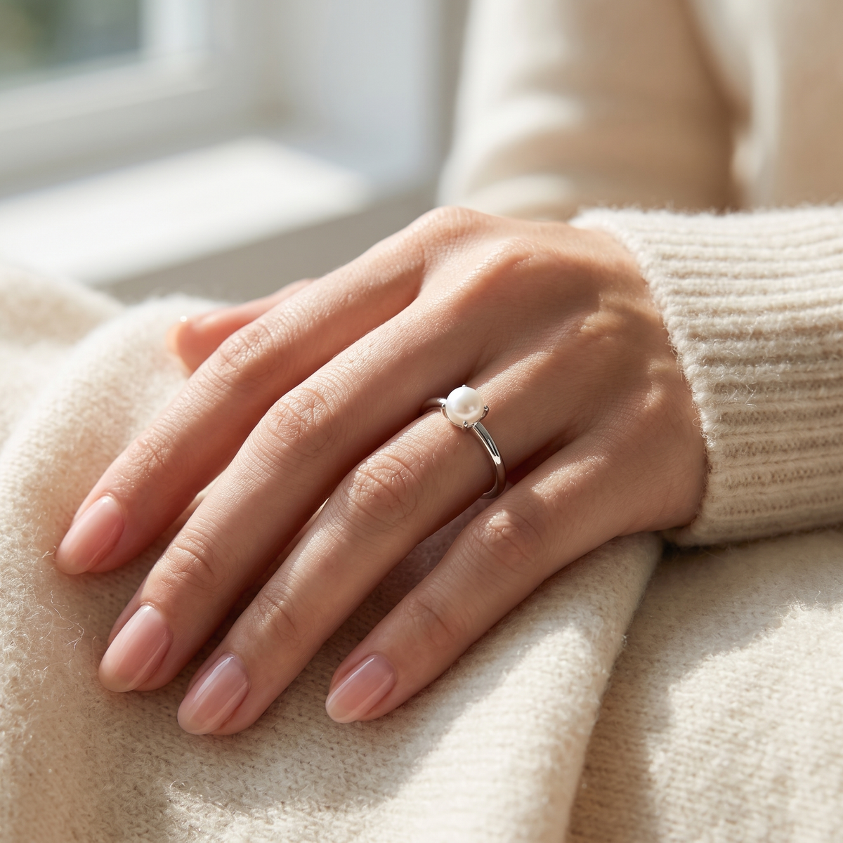 Silver Pearl Ring worn close-up