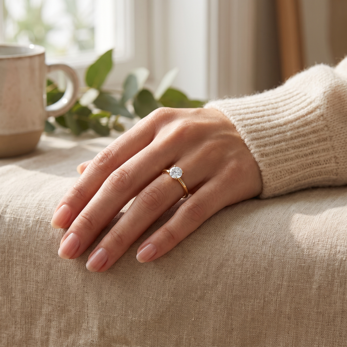 Gold CZ Solitaire Ring lifestyle worn
