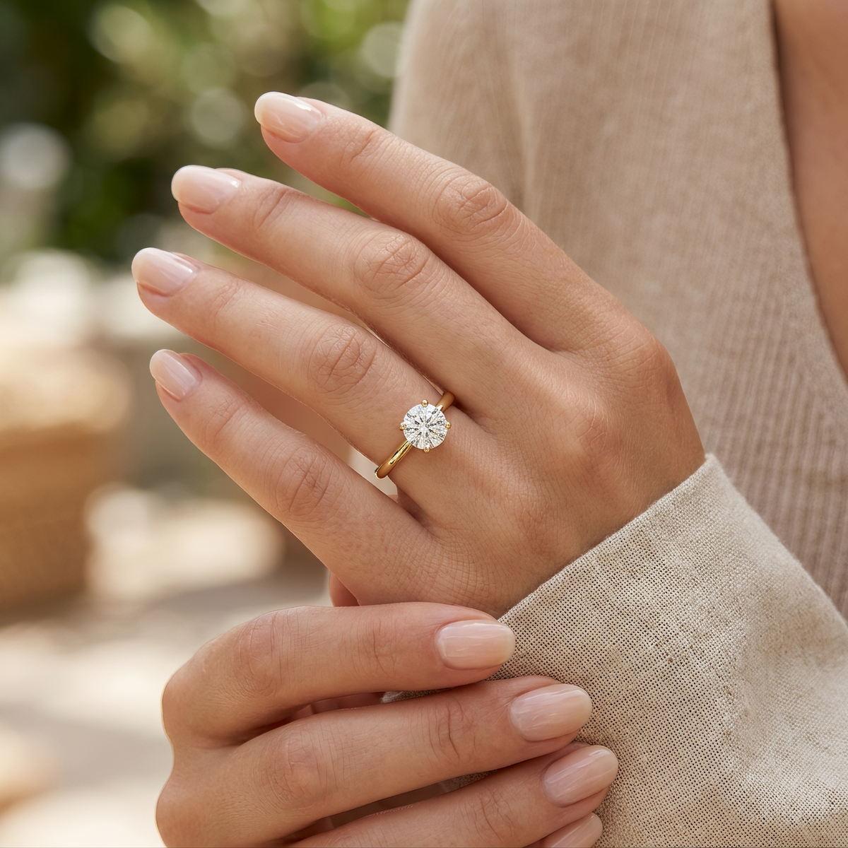 Gold CZ Solitaire Ring worn close-up