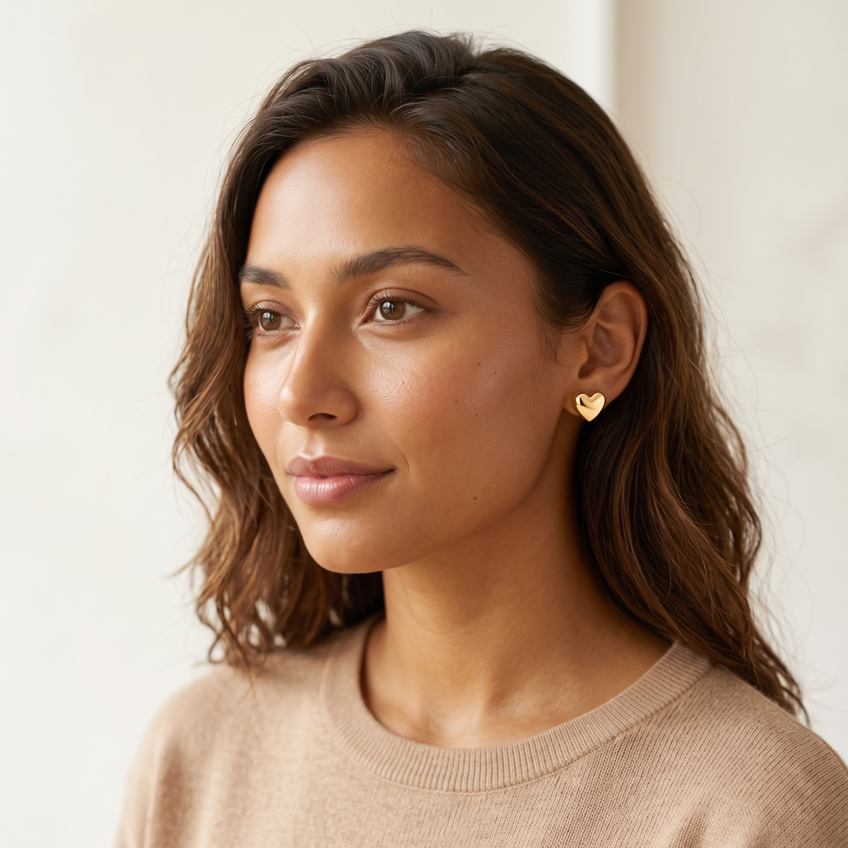 Gold Heart Stud Earrings lifestyle worn