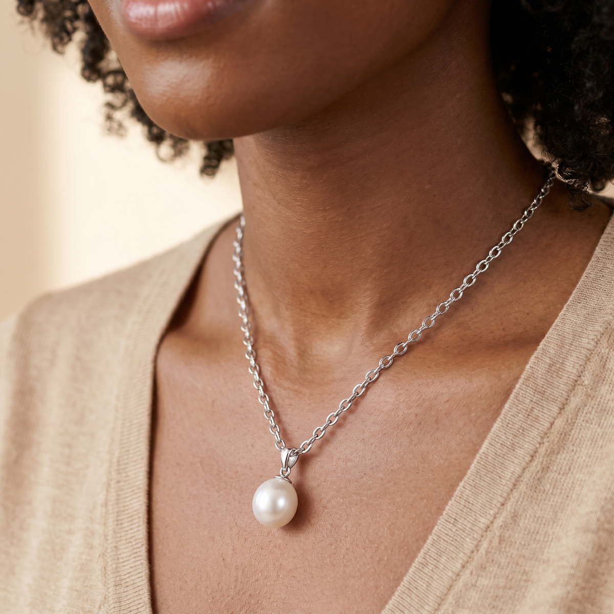 Silver Pearl Pendant Necklace worn close-up