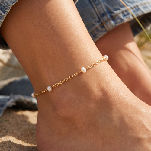 Gold Pearl Anklet worn close-up