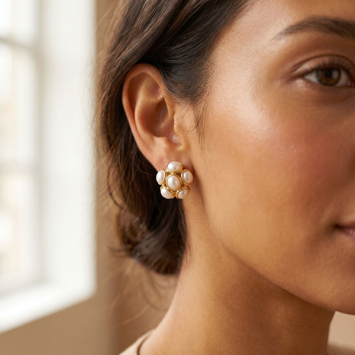 Gold Pearl Cluster Studs worn close-up