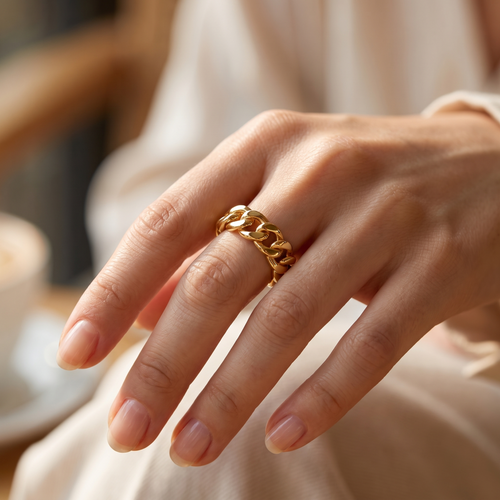 Gold chunky chain ring studio product shot