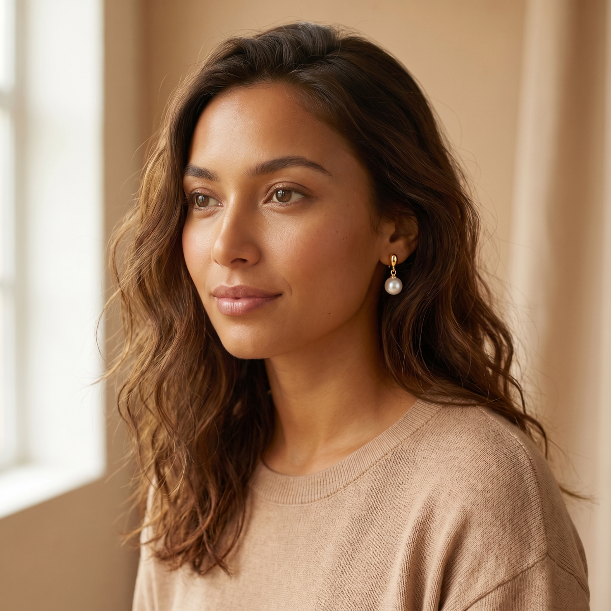 Gold pearl drop earrings styled on model
