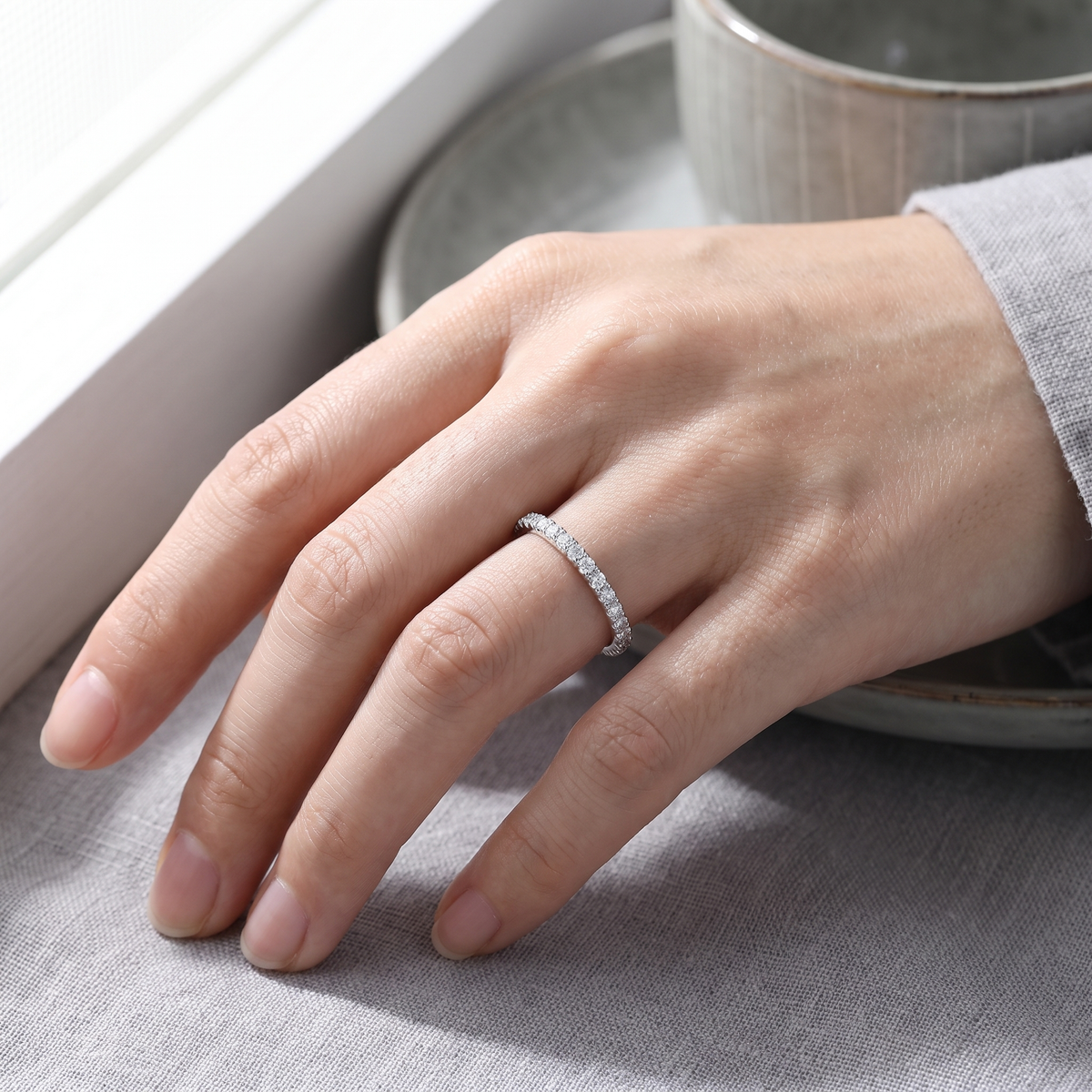 Silver CZ band ring studio product shot