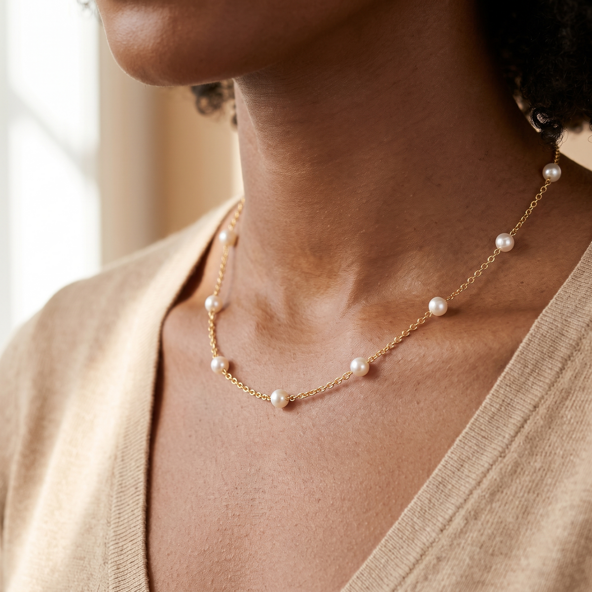 Gold Pearl Station Necklace